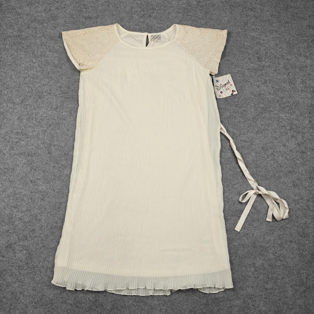 D-Signed Dress Girls XL White Lace Cap Sleeve‎ Pleated Chiffon Belted Party New